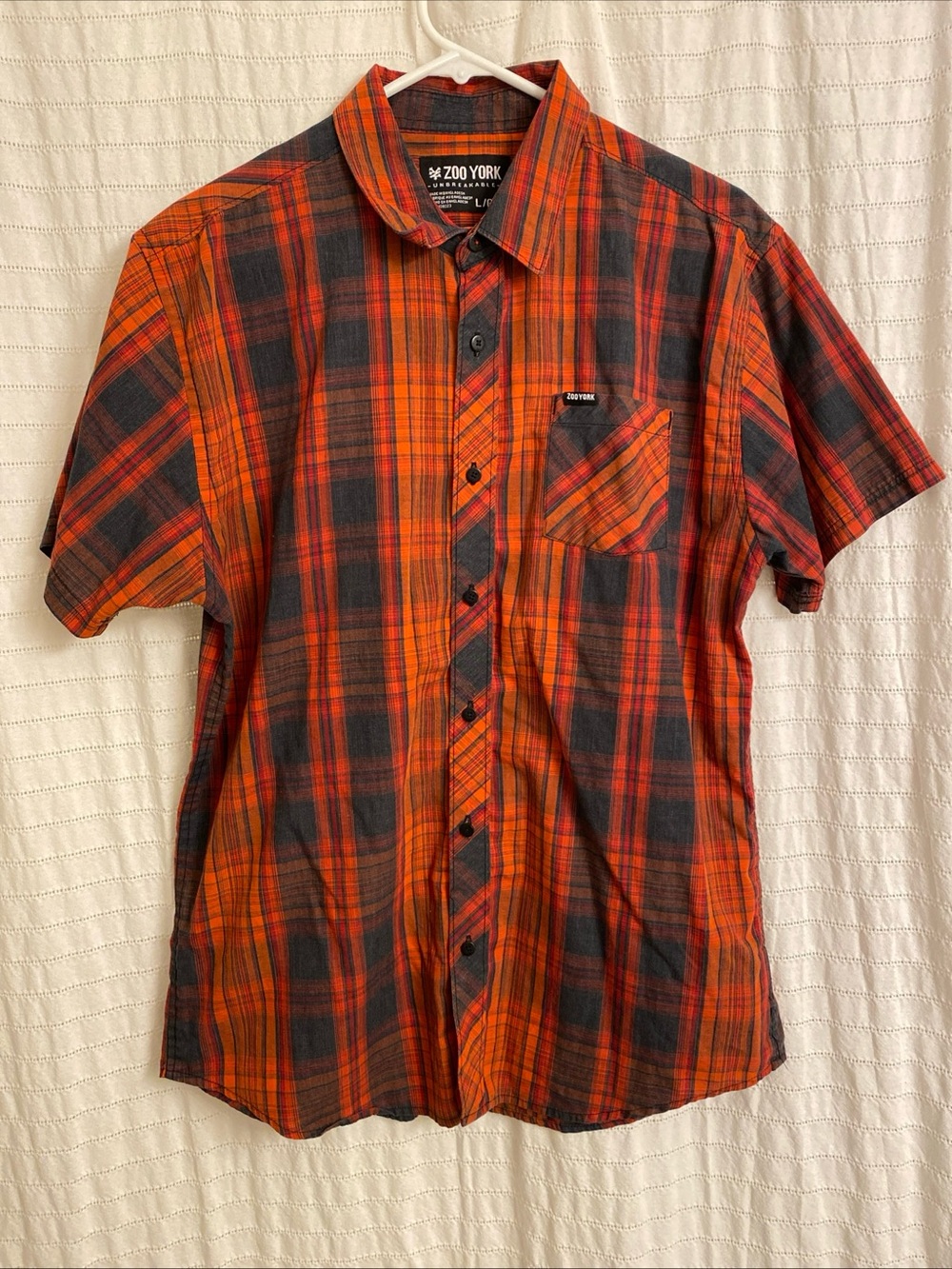 Zoo York Mens Orange & Black Plaid Button-Up Shirt Short Sleeve Size Large VTG